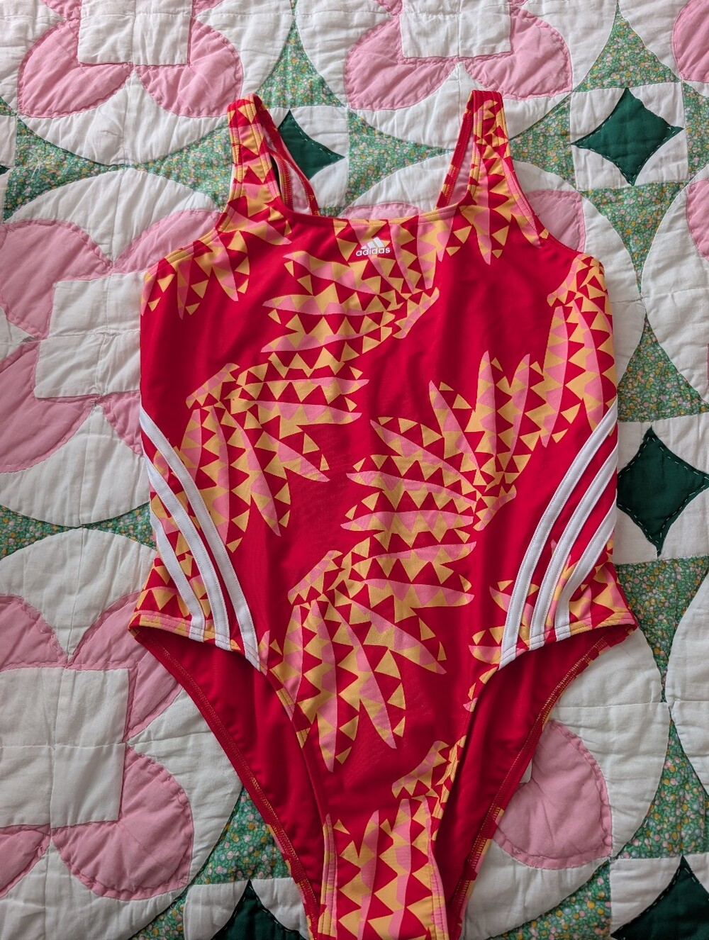Adidas Red and Yellow Geometric Swimsuit